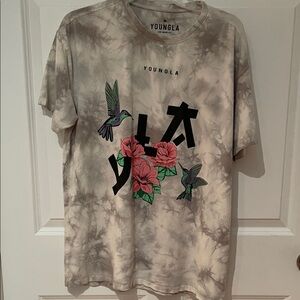 YoungLA Beige Tie-Dye T-Shirt with Floral and Hummingbird Design